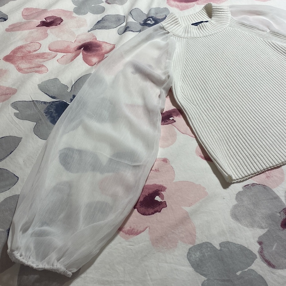 French Connection Ribbed White Blouse With Sheer Sleeves Size Large - Picture 4 of 7